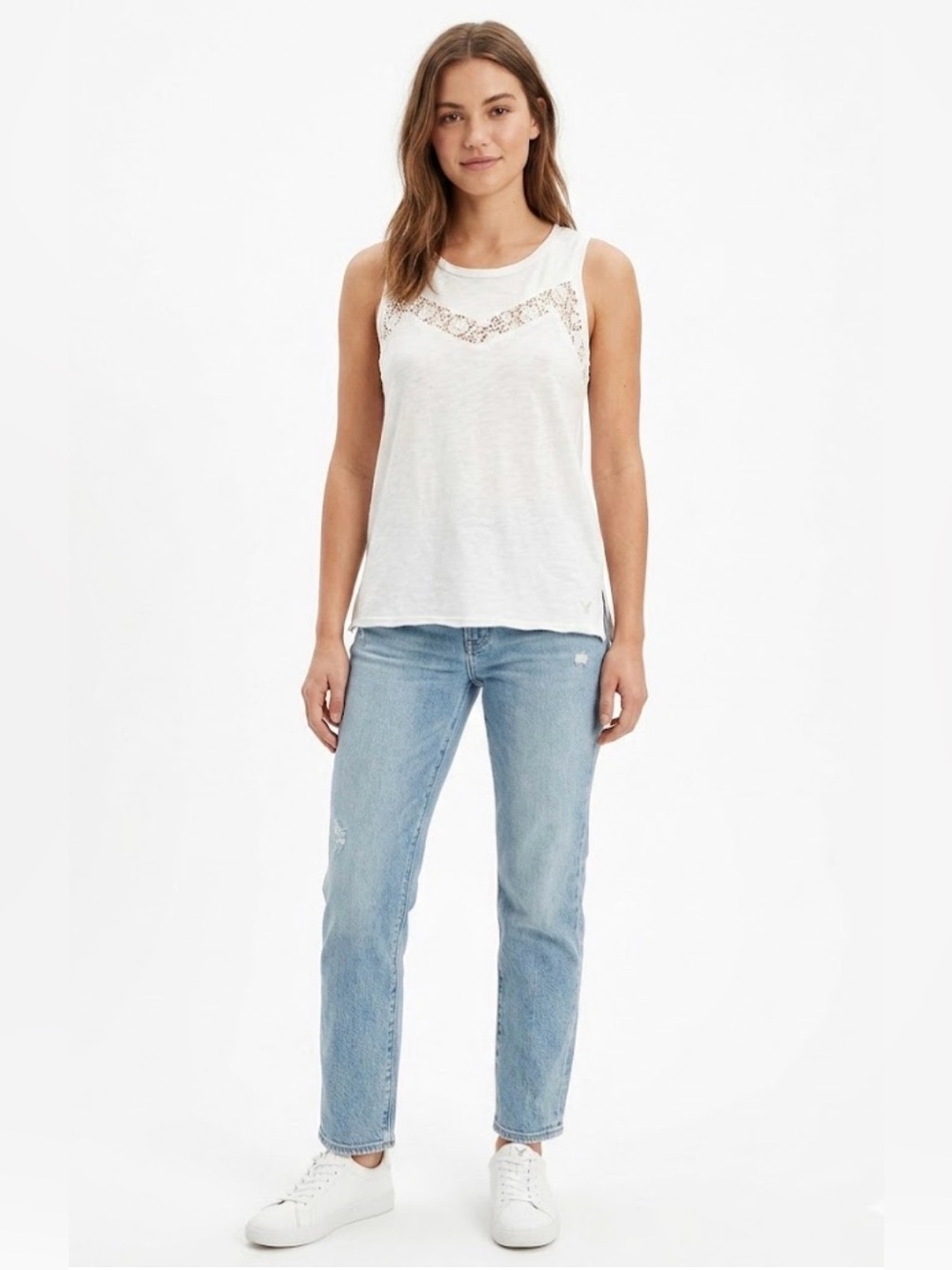 American Eagle White Crochet Lace Detail Tank Top